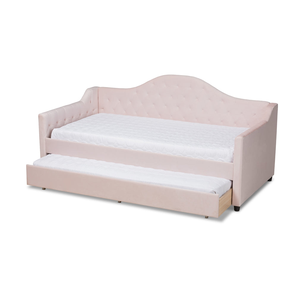 Perry Light Pink Velvet Fabric Upholstered and Button Tufted Twin Size Daybed with Trundle