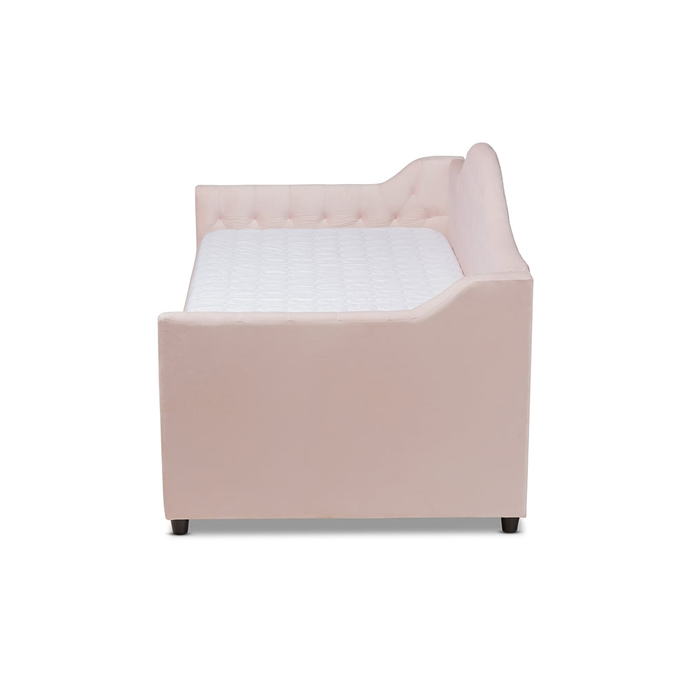 Perry Light Pink Velvet Fabric Upholstered and Button Tufted Twin Size Daybed with Trundle