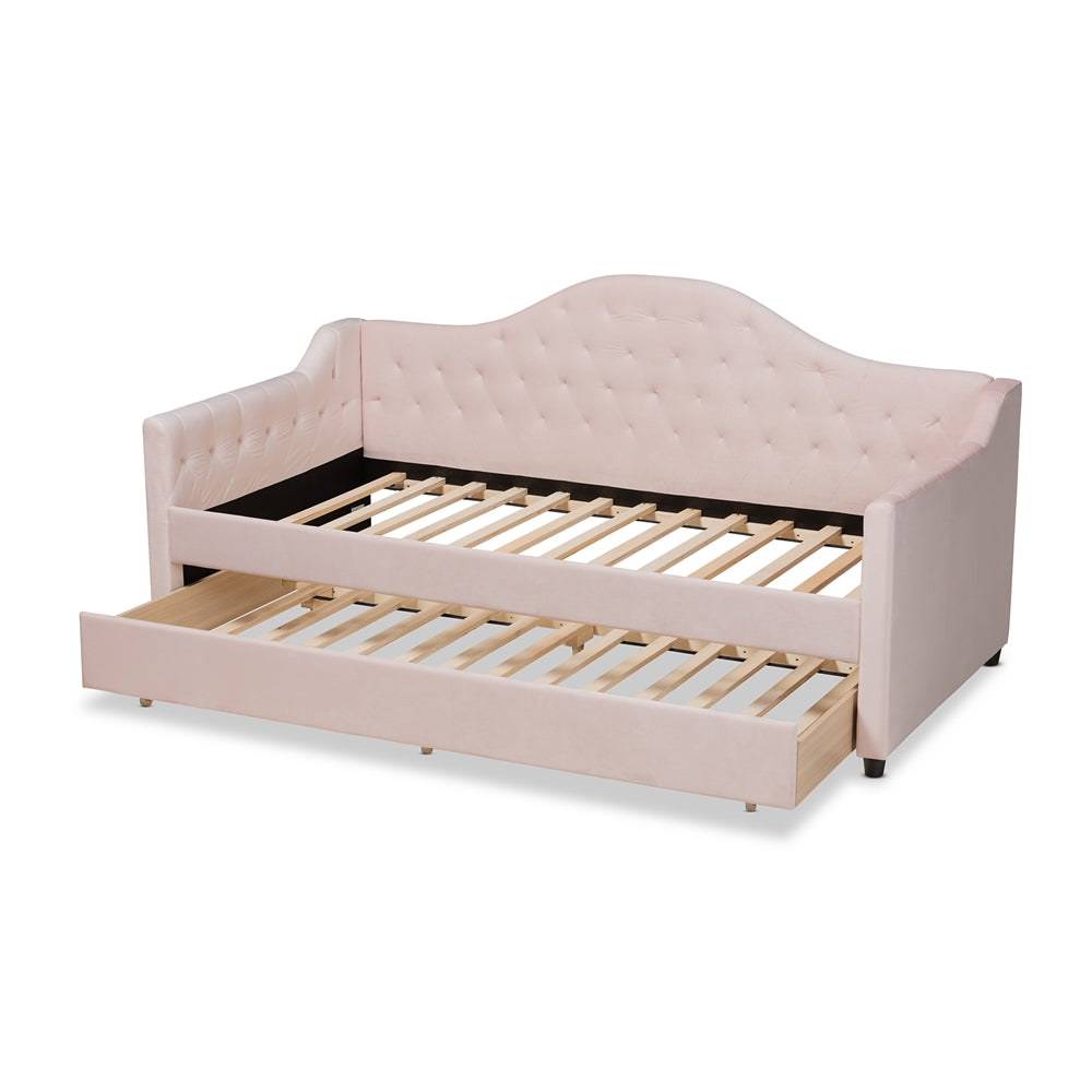 Perry Light Pink Velvet Fabric Upholstered and Button Tufted Twin Size Daybed with Trundle