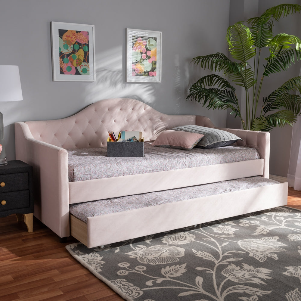 Perry Twin Size Daybed: Tufted Light Pink Velvet with Trundle