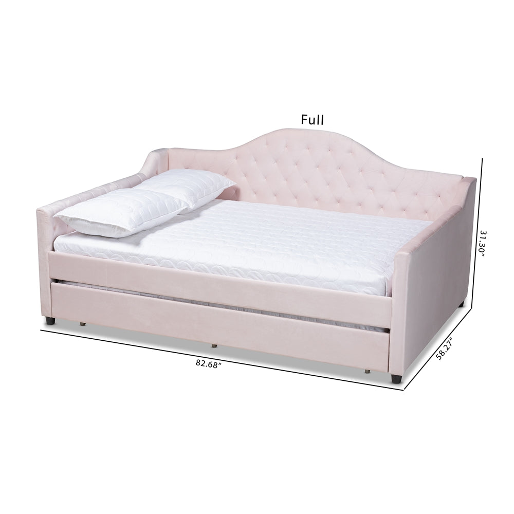 Perry Modern And Contemporary Light Pink Velvet Fabric Upholstered And Button Tufted Full Size Daybed With Trundle