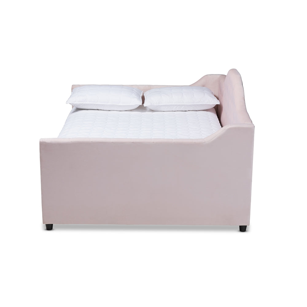 Perry Modern And Contemporary Light Pink Velvet Fabric Upholstered And Button Tufted Full Size Daybed With Trundle