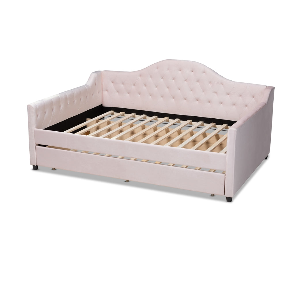 Perry Modern And Contemporary Light Pink Velvet Fabric Upholstered And Button Tufted Full Size Daybed With Trundle