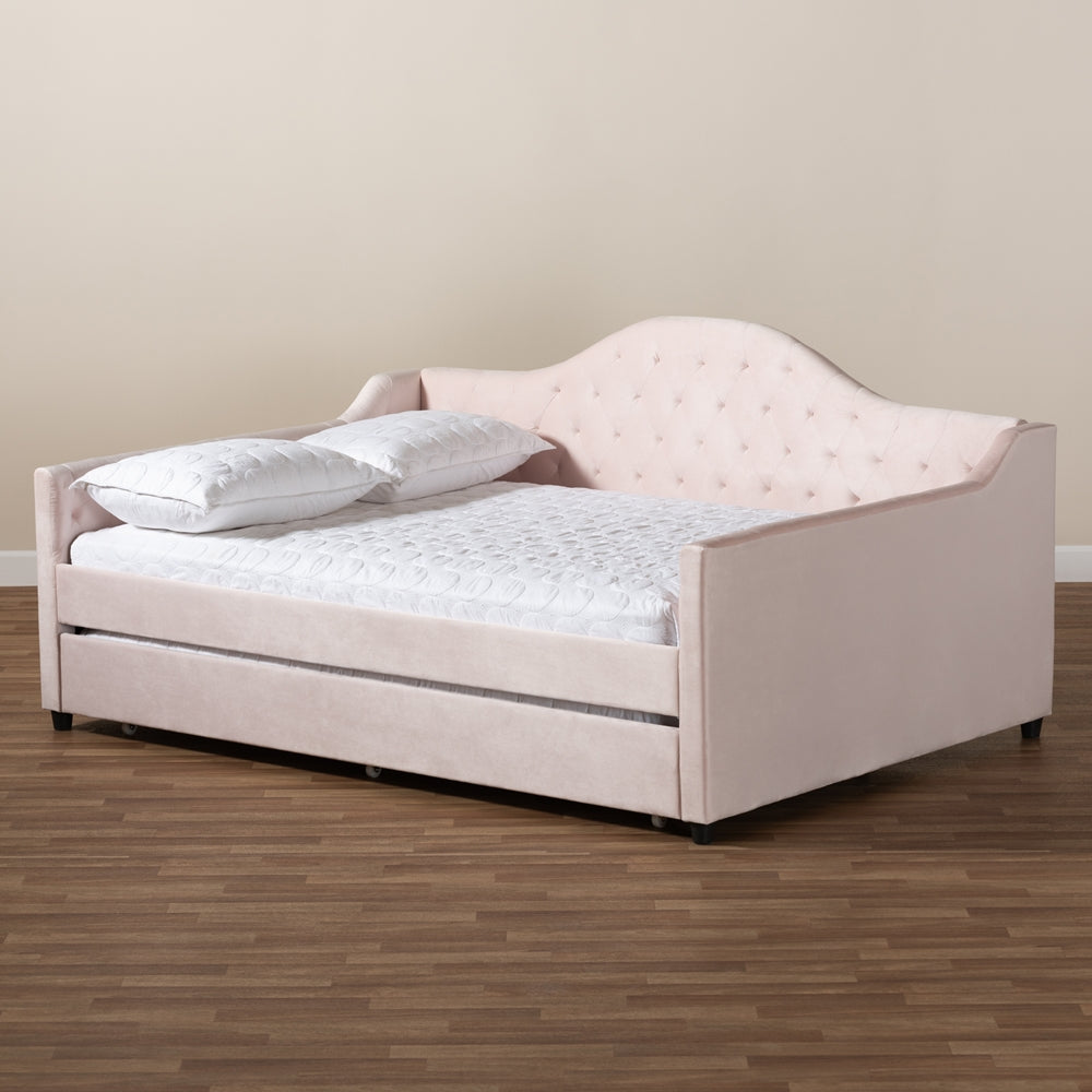 Perry Modern And Contemporary Light Pink Velvet Fabric Upholstered And Button Tufted Full Size Daybed With Trundle