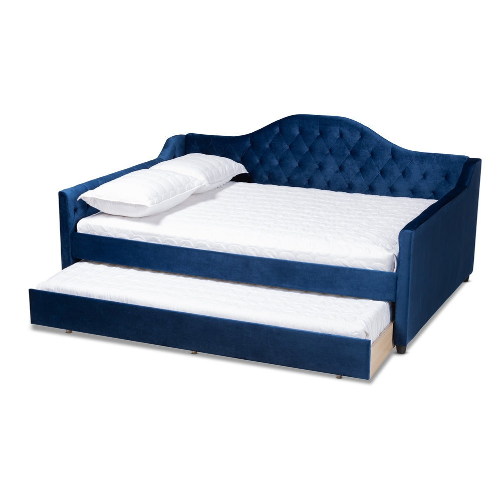 Perry Royal Blue Velvet Fabric Upholstered and Button Tufted Queen Size Daybed with Trundle