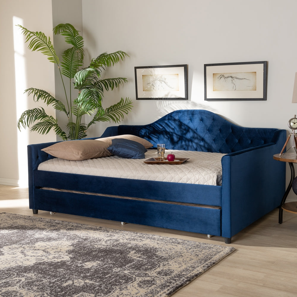 Perry Full Size Daybed Tufted Royal Blue Velvet with Trundle