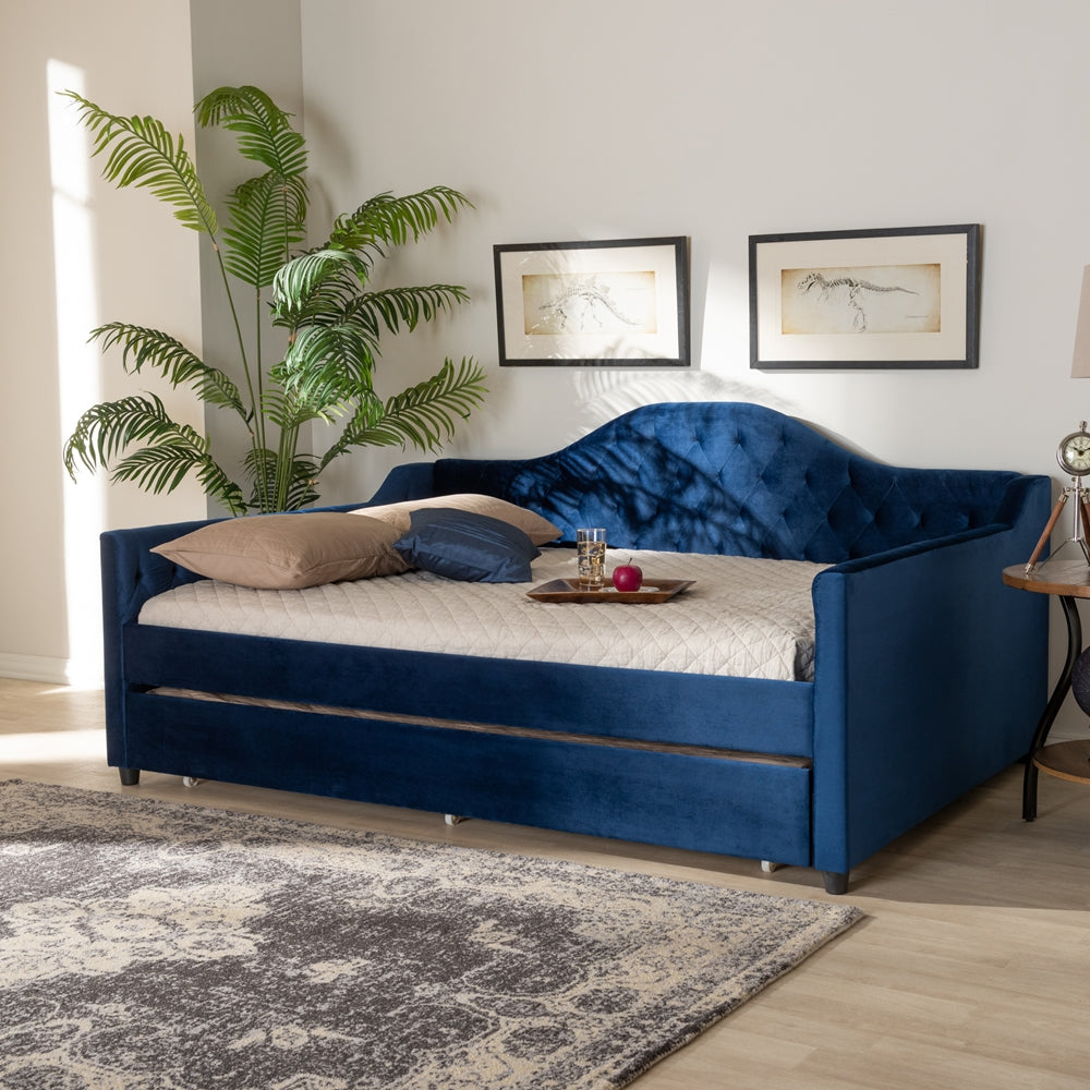 Perry Royal Blue Velvet Fabric Upholstered and Button Tufted Queen Size Daybed with Trundle