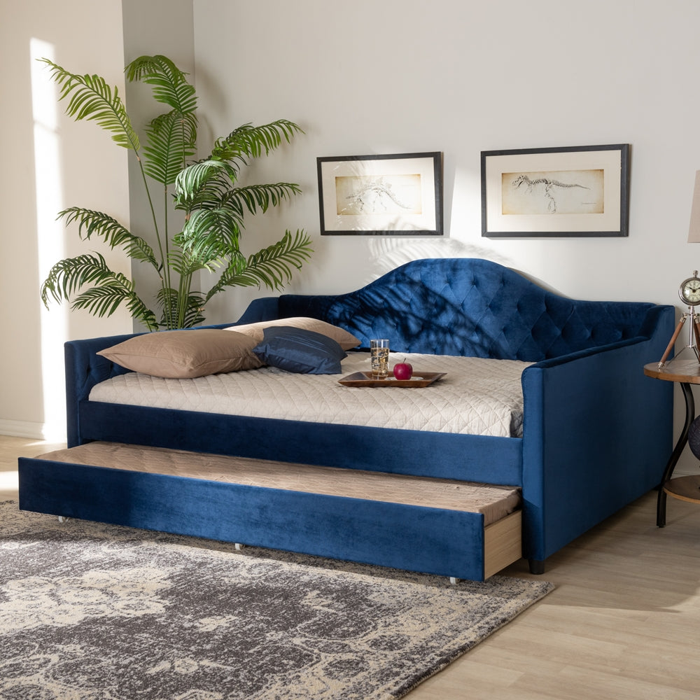 Perry Modern and Contemporary Blue Velvet Fabric Upholstered and Button Tufted Full Size Daybed with Trundle