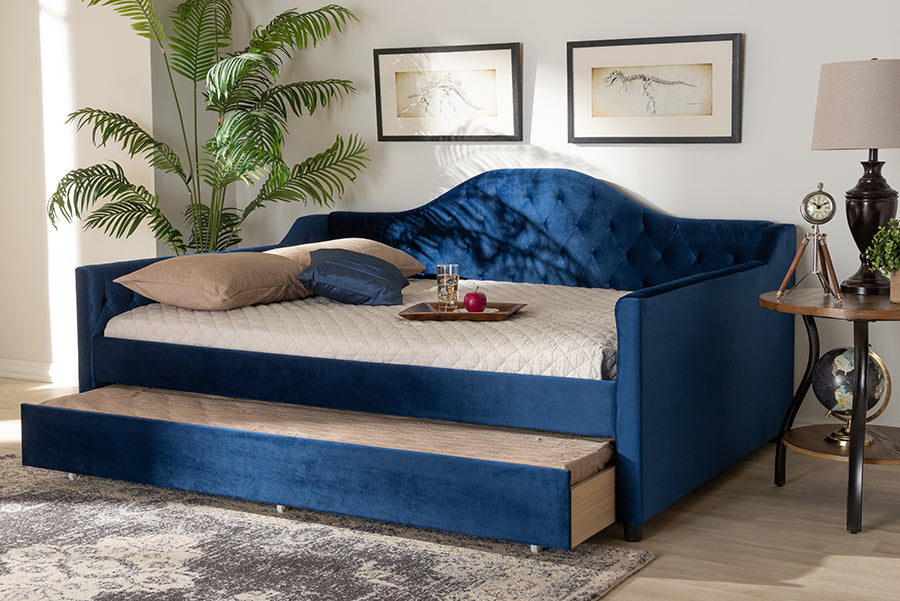Perry Modern and Contemporary Blue Velvet Fabric Upholstered and Button Tufted Full Size Daybed with Trundle