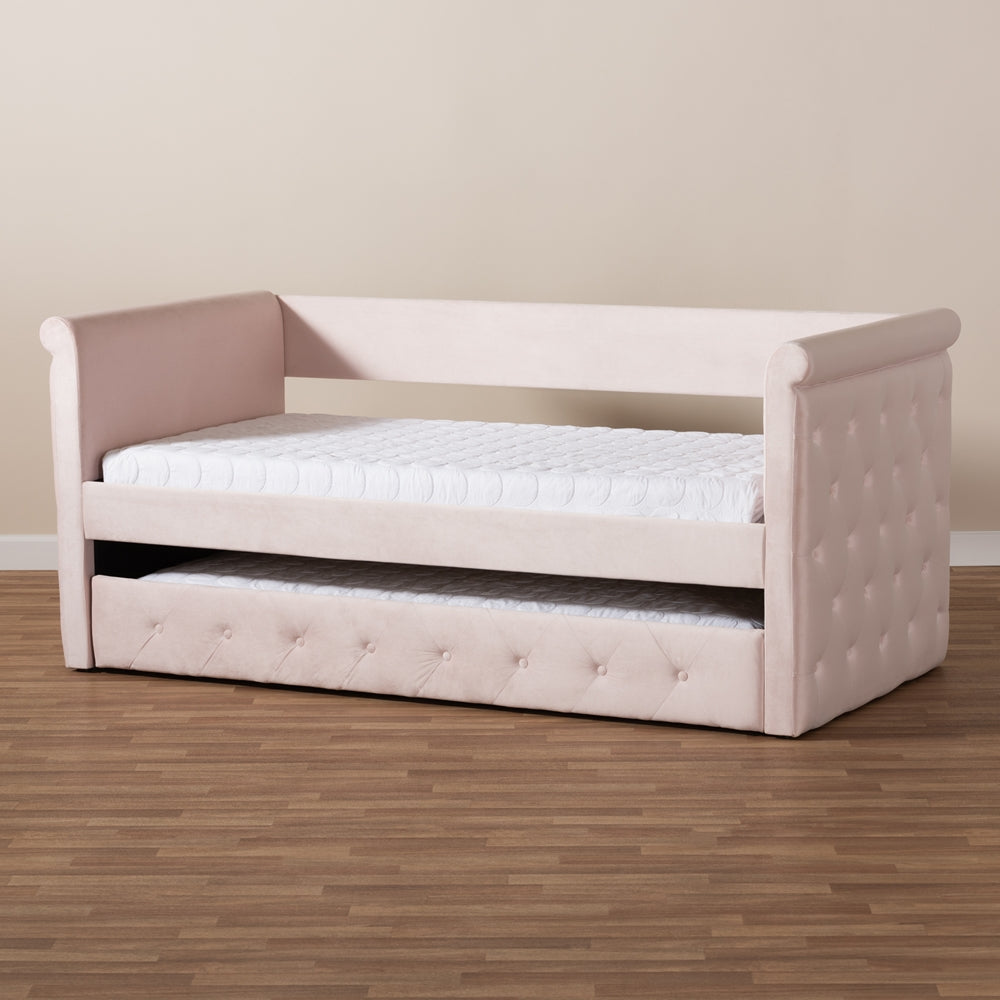 Amaya Light Pink Velvet Fabric Upholstered Twin Size Daybed With Trundle