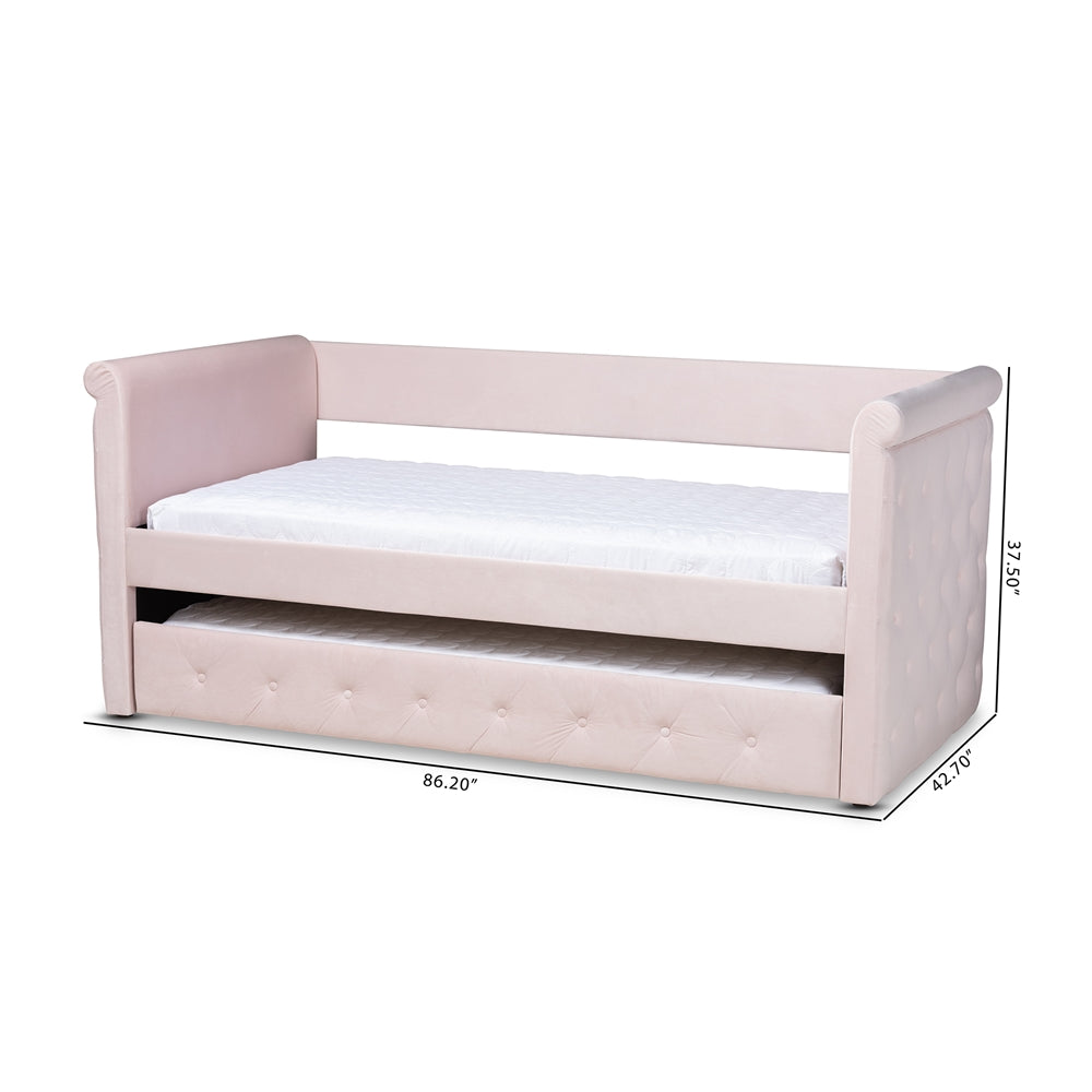 Amaya Light Pink Velvet Fabric Upholstered Twin Size Daybed With Trundle