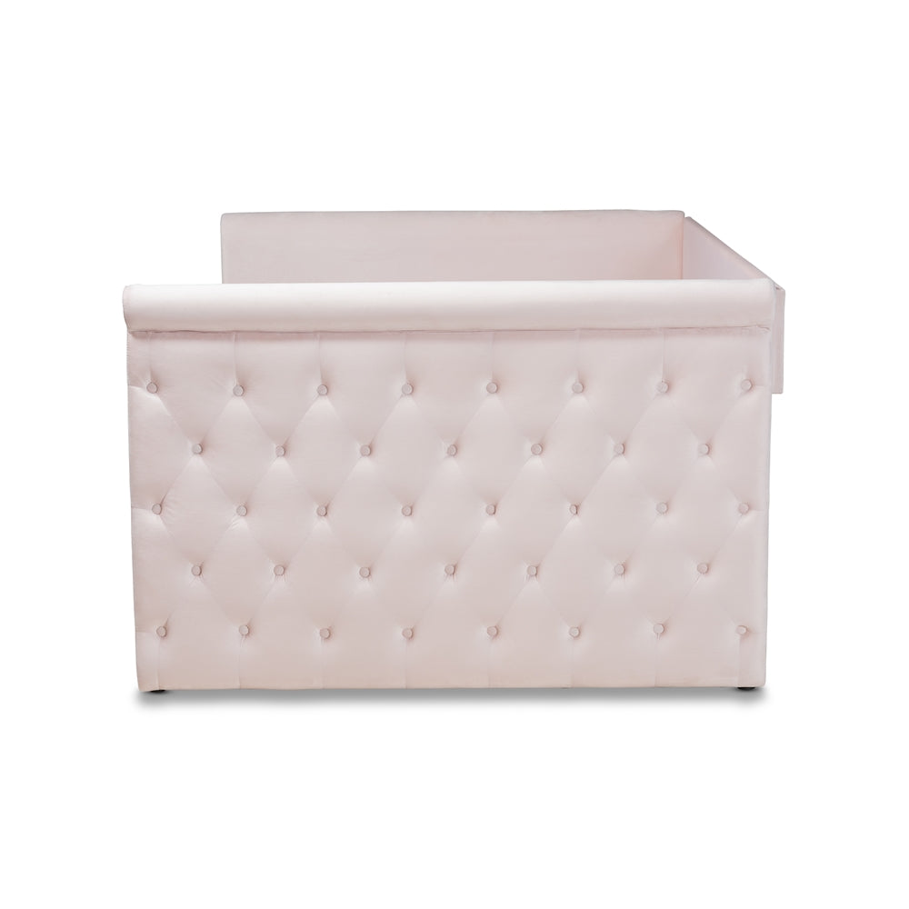 Amaya Light Pink Velvet Fabric Upholstered Full Size Daybed With Trundle