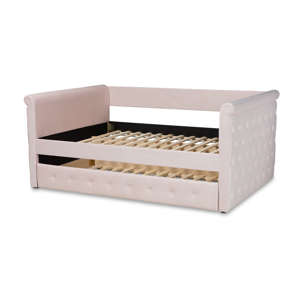 Amaya Light Pink Velvet Fabric Upholstered Full Size Daybed With Trundle