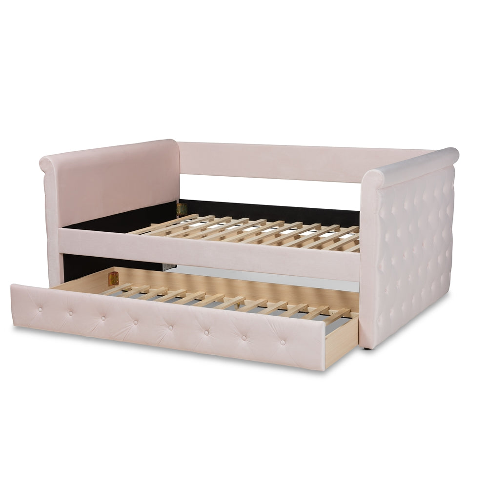 Amaya Light Pink Velvet Fabric Upholstered Full Size Daybed With Trundle