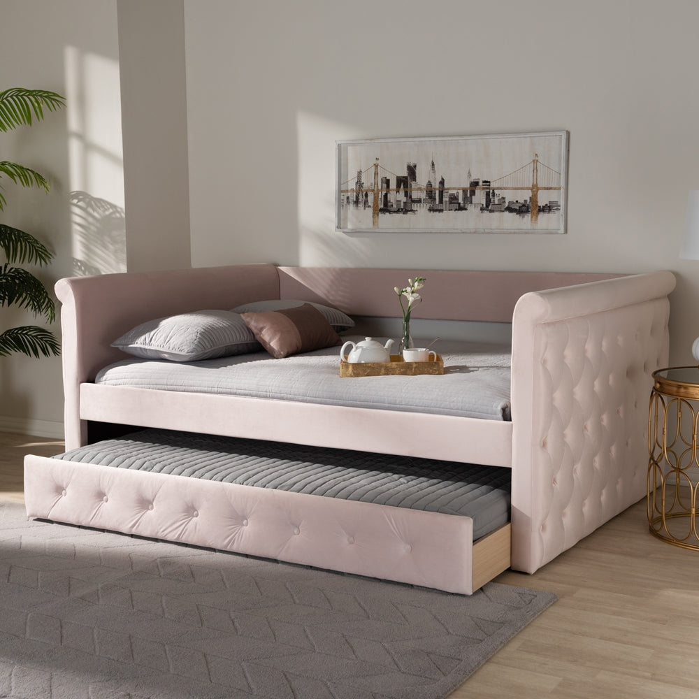 Amaya Light Pink Velvet Fabric Upholstered Full Size Daybed With Trundle