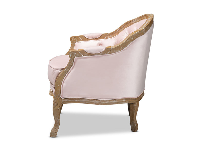 Genevieve Traditional French Provincial Light Pink Velvet Upholstered White-Washed Oak Wood Armchair