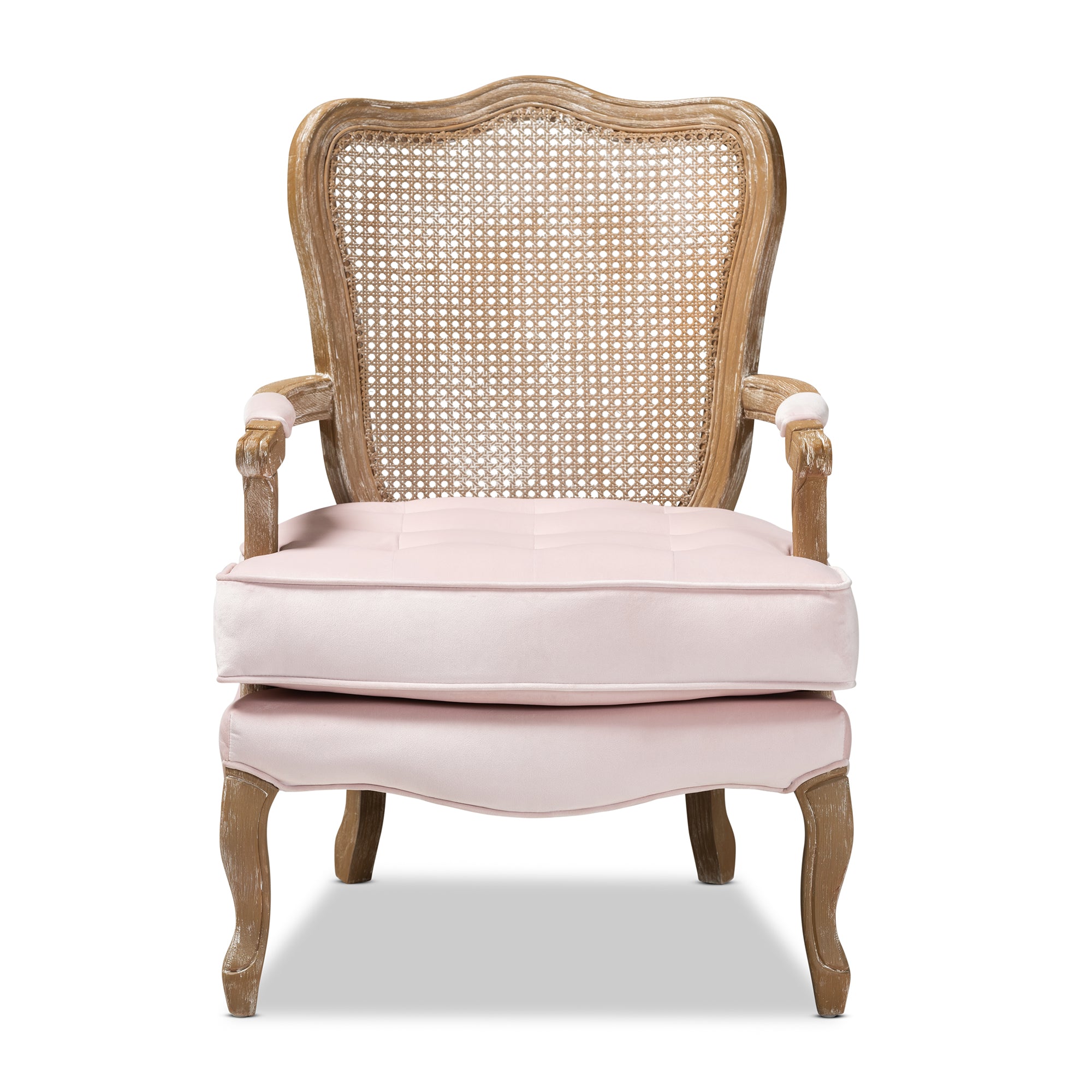 Baxton Studio Vallea Traditional French Provincial Light Pink Velvet Fabric Upholstered White-Washed Oak Wood Armchair