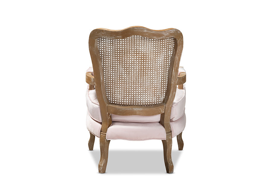 Vallea Traditional French Provincial Light Pink Velvet Fabric Upholstered White-Washed Oak Wood Armchair