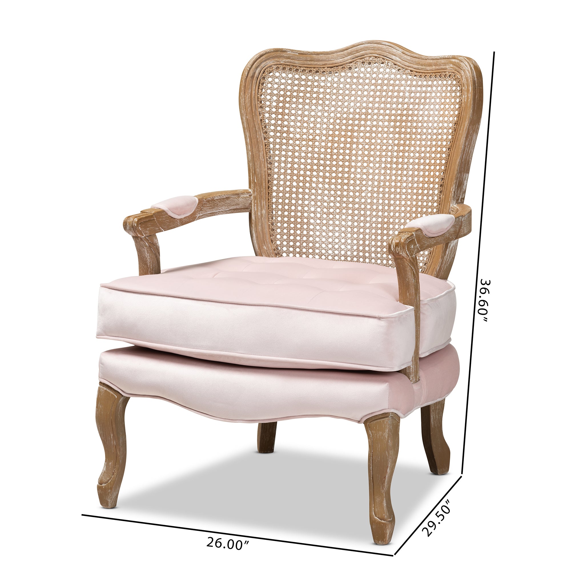 Vallea Traditional French Provincial Light Pink Velvet Fabric Upholstered White-Washed Oak Wood Armchair