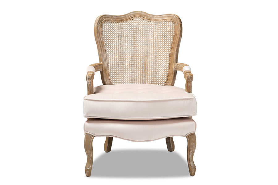 Vallea Traditional French Provincial Light Beige Velvet Fabric Upholstered White-Washed Oak Wood Armchair