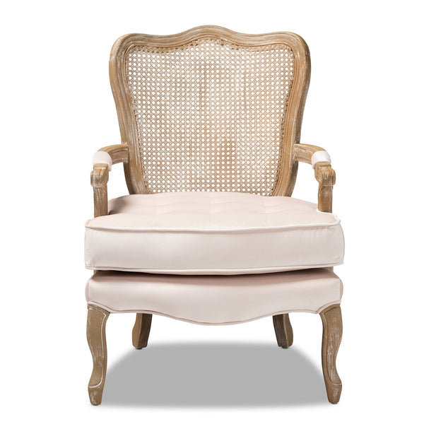 Vallea Traditional French Provincial Light Beige Velvet Fabric Upholstered White-Washed Oak Wood Armchair