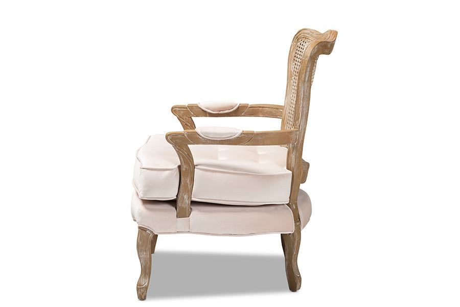Vallea Traditional French Provincial Light Beige Velvet Fabric Upholstered White-Washed Oak Wood Armchair