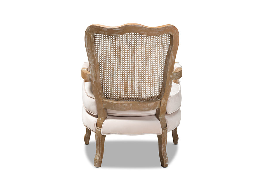 Vallea Traditional French Provincial Light Beige Velvet Fabric Upholstered White-Washed Oak Wood Armchair