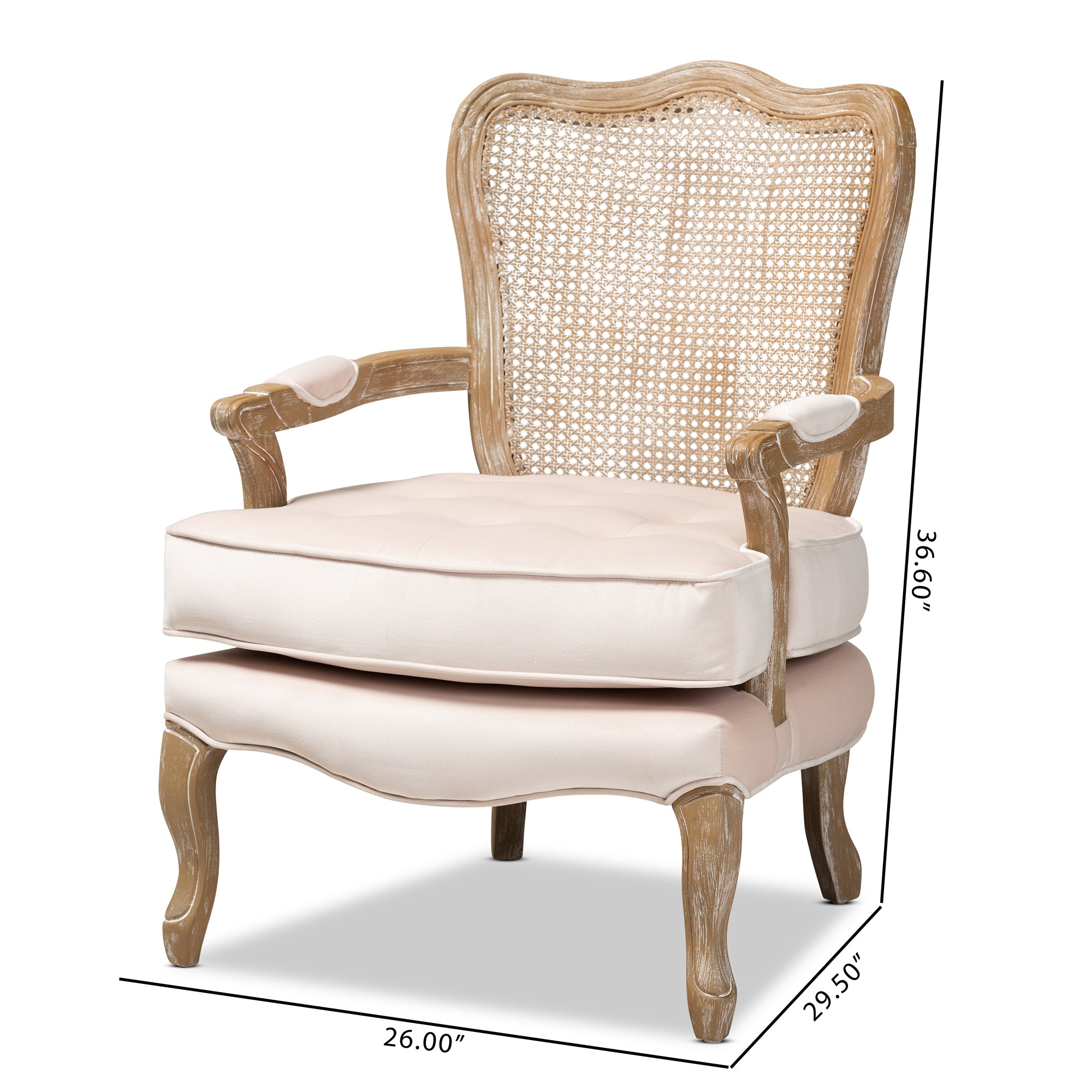 Vallea Traditional French Provincial Light Beige Velvet Fabric Upholstered White-Washed Oak Wood Armchair