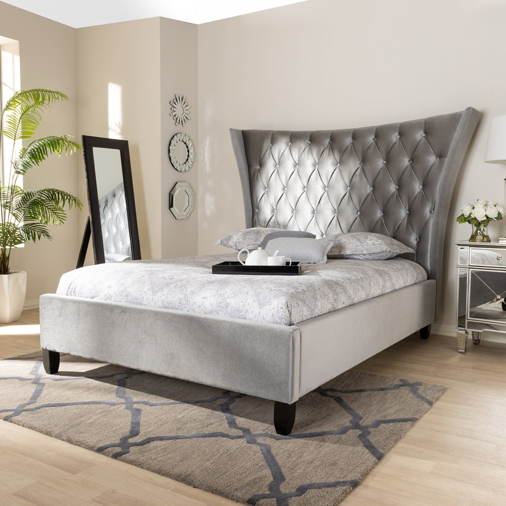 Viola Queen Bed Grey Velvet Tufted Tall Wingback Luxe Glam Style