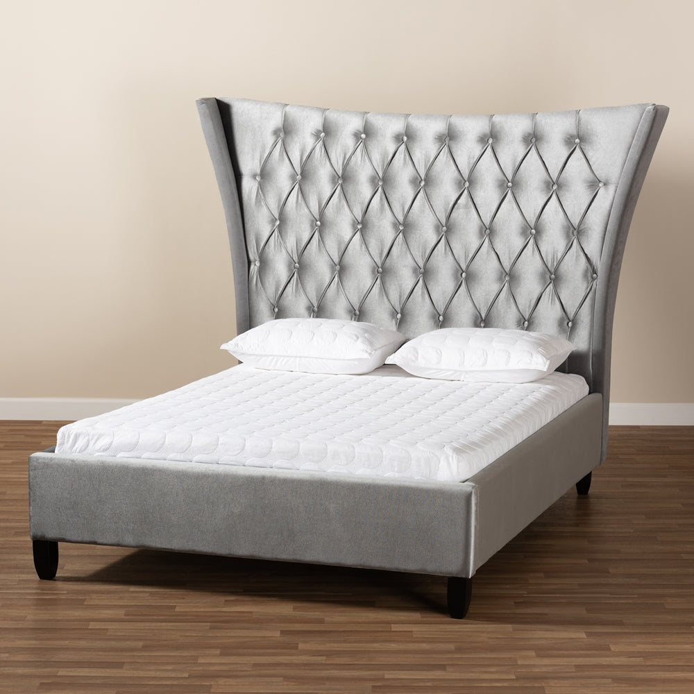 Viola Queen Bed Grey Velvet Tufted Tall Wingback Luxe Glam Style