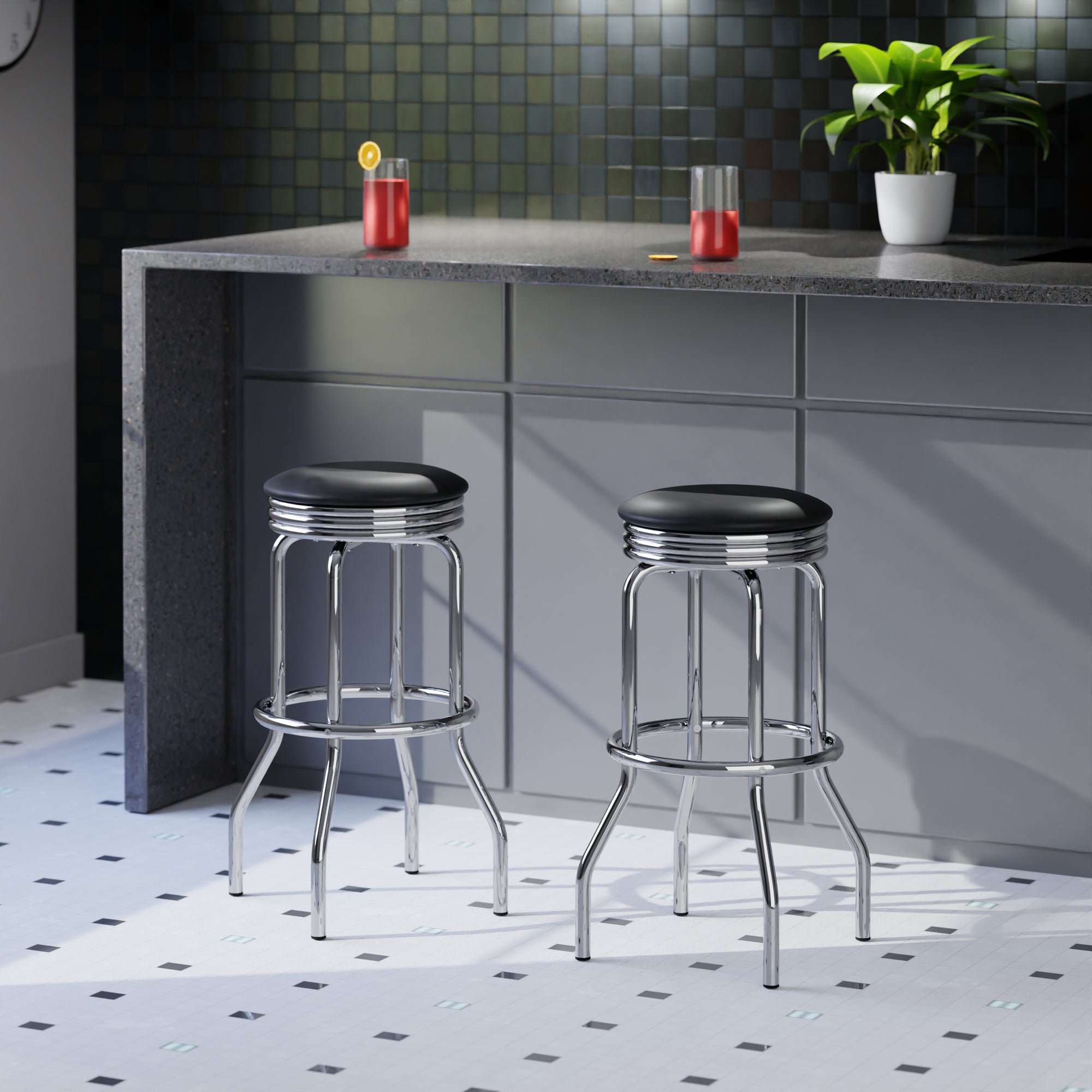 Summit 2-Pc Swivel Seat Stool Set, Black and Chrome