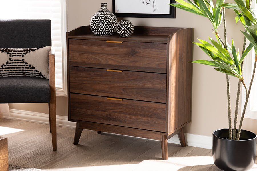 Lena Mid-Century Modern Walnut Brown Finished 3-Drawer Wood Chest