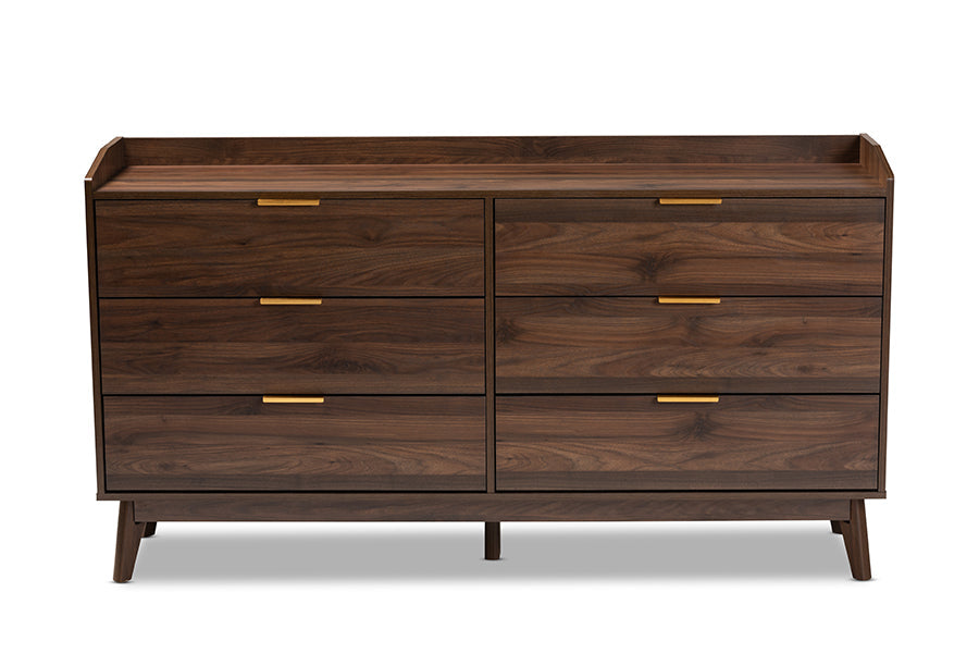 Lena Mid-Century Modern Walnut Brown Finished 6-Drawer Wood Dresser