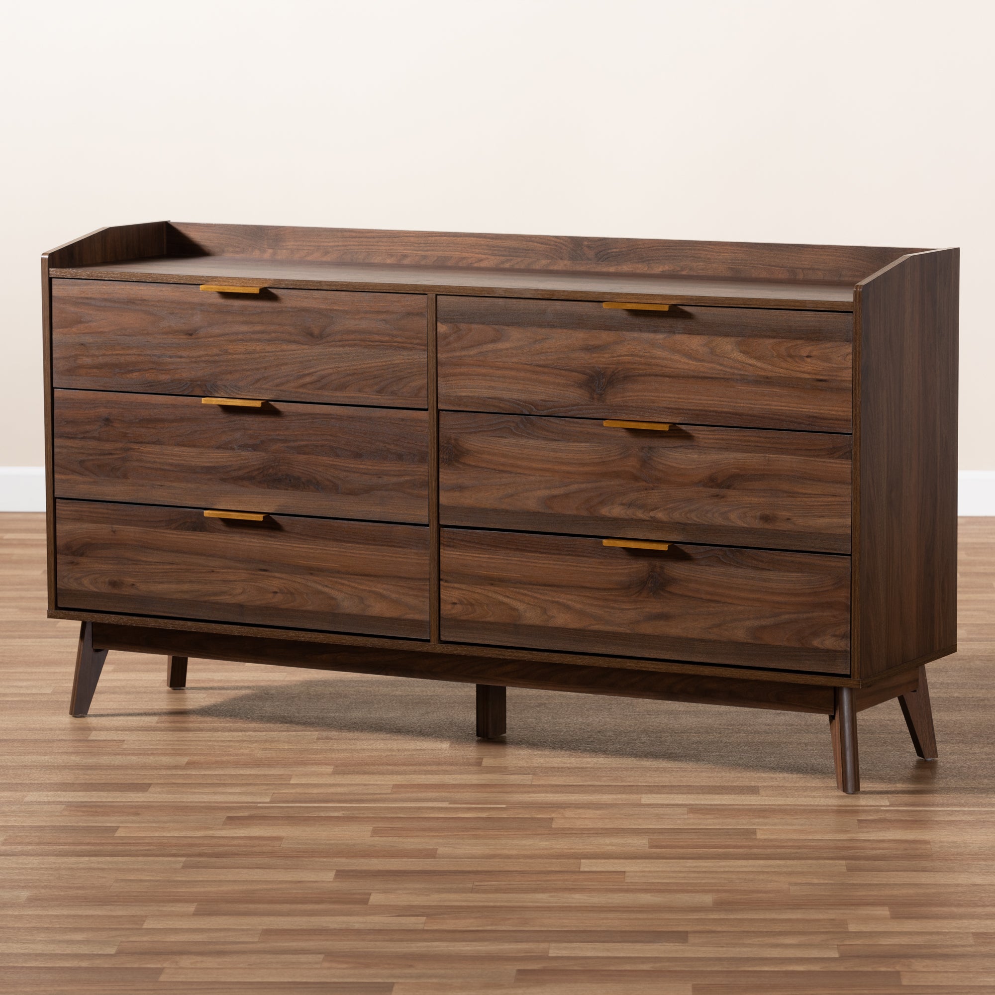Lena Mid-Century Modern Walnut Brown Finished 6-Drawer Wood Dresser