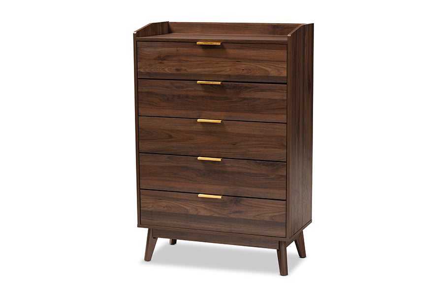 Lena Mid-Century Modern Walnut Brown Finished 5-Drawer Wood Chest