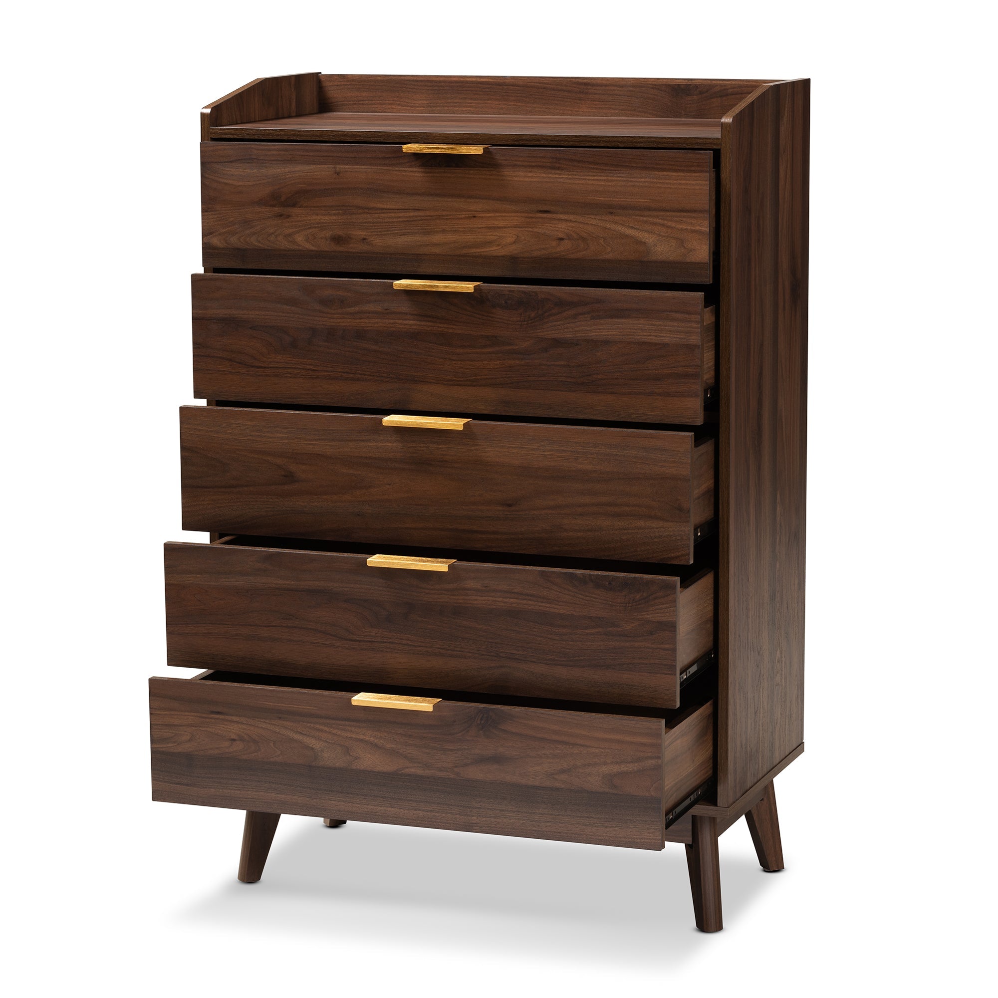 Lena Mid-Century Modern Walnut Brown Finished 5-Drawer Wood Chest