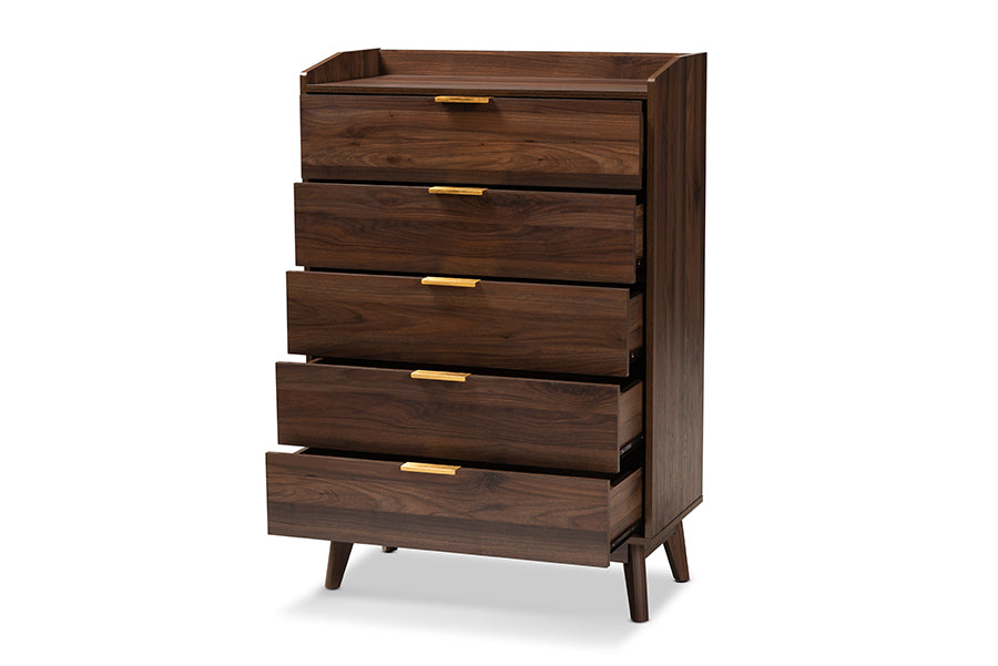 Lena Mid-Century Modern Walnut Brown Finished 5-Drawer Wood Chest