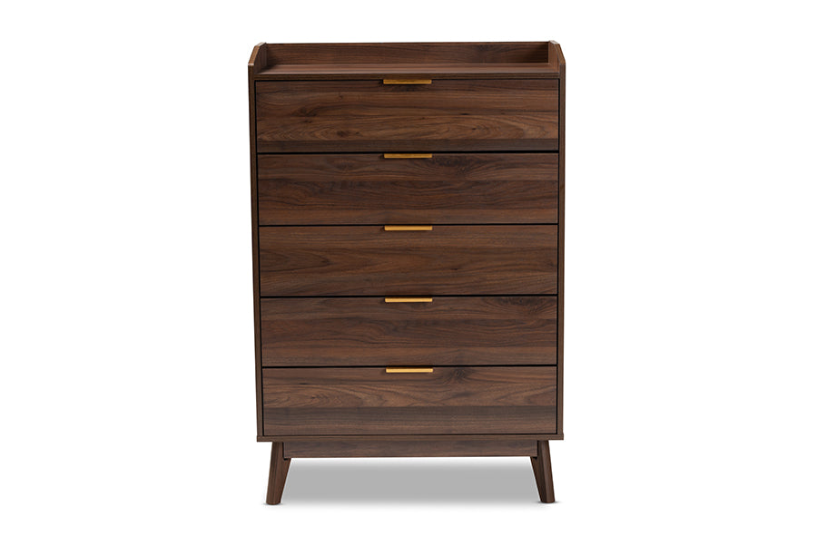 Lena Mid-Century Modern Walnut Brown Finished 5-Drawer Wood Chest