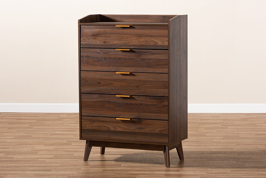 Lena Mid-Century Modern Walnut Brown Finished 5-Drawer Wood Chest