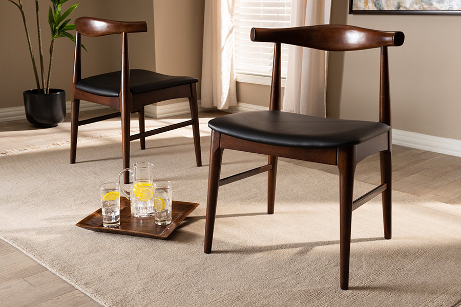 Eira Mid-Century Modern Black Faux Leather Upholstered Walnut Finished Wood Dining Chair Set of 2