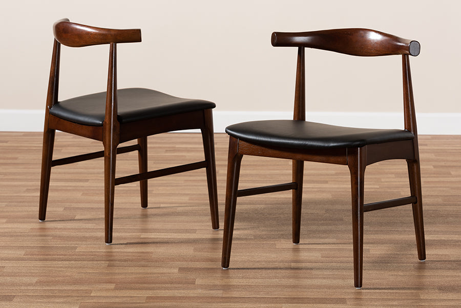 Eira Mid-Century Modern Black Faux Leather Upholstered Walnut Finished Wood Dining Chair Set of 2