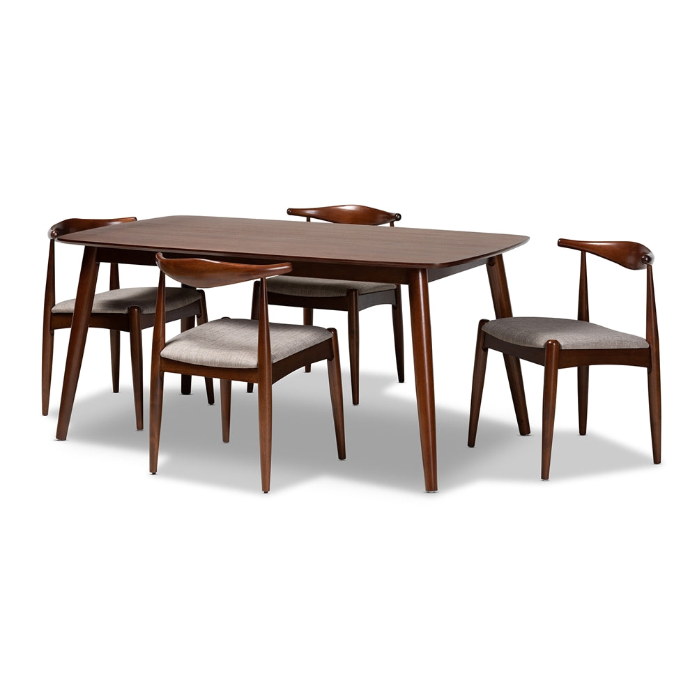 Amato Mid-Century Modern Light Gray Fabric Upholstered Walnut Finished Wood 5-Piece Dining Set