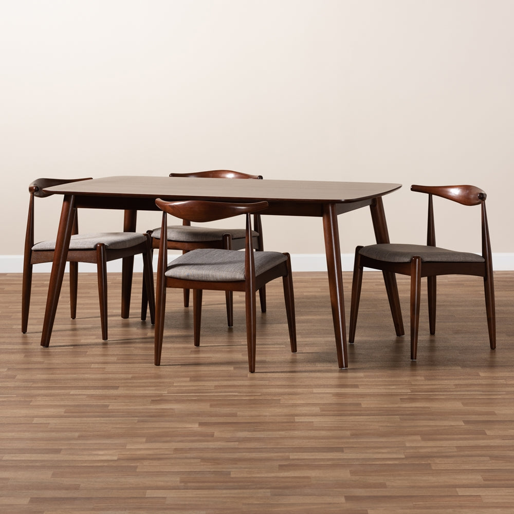 Amato Mid-Century Modern Light Gray Fabric Upholstered Walnut Finished Wood 5-Piece Dining Set