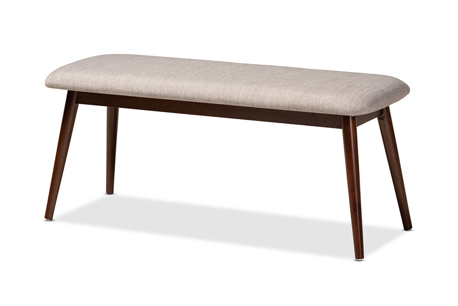 Flora Mid-Century Modern Light Grey Fabric Upholstered Walnut Finished Wood Dining Bench