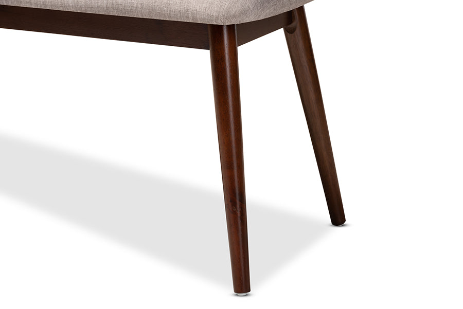 Flora Mid-Century Modern Light Grey Fabric Upholstered Walnut Finished Wood Dining Bench