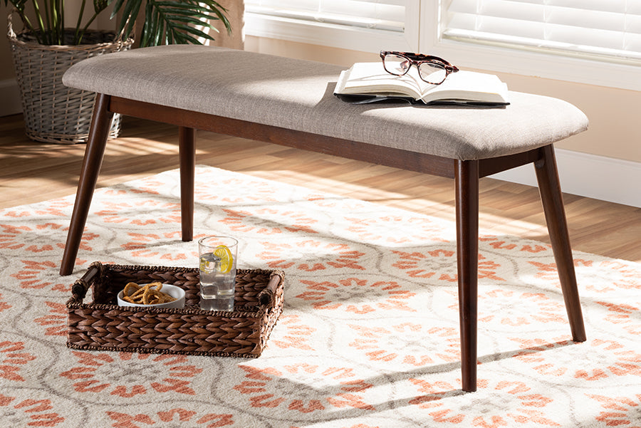 Flora Mid-Century Modern Light Grey Fabric Upholstered Walnut Finished Wood Dining Bench
