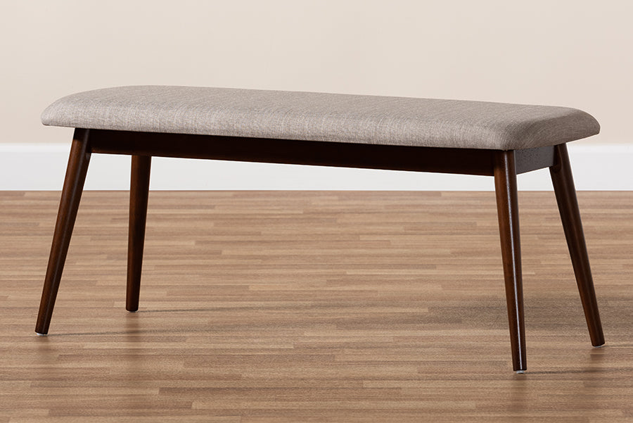 Flora Mid-Century Modern Light Grey Fabric Upholstered Walnut Finished Wood Dining Bench