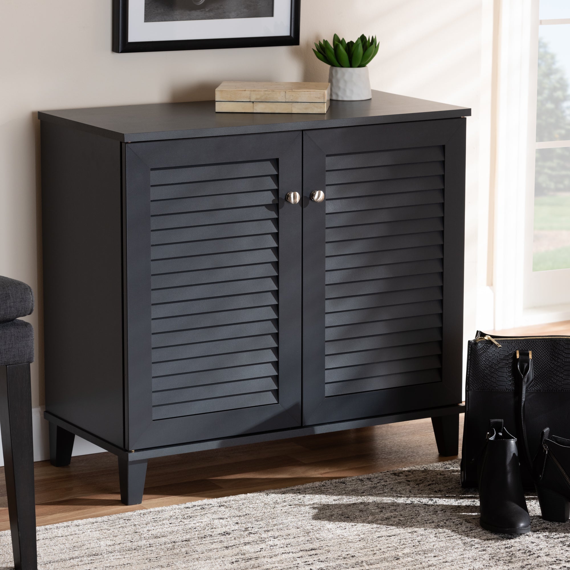 Coolidge Modern and Contemporary Dark Grey Finished 4-Shelf Wood Shoe Storage Cabinet