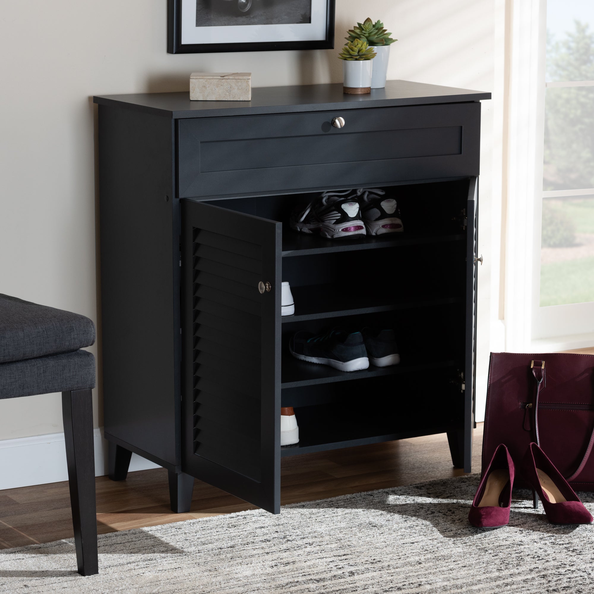 Coolidge Modern and Contemporary Dark Grey Finished 4-Shelf Wood Shoe Storage Cabinet with Drawer
