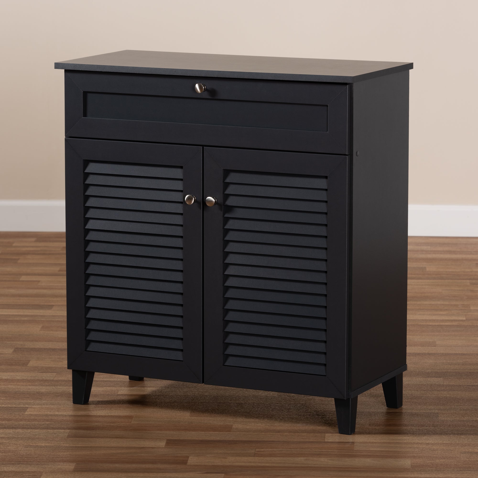 Coolidge Modern and Contemporary Dark Grey Finished 4-Shelf Wood Shoe Storage Cabinet with Drawer